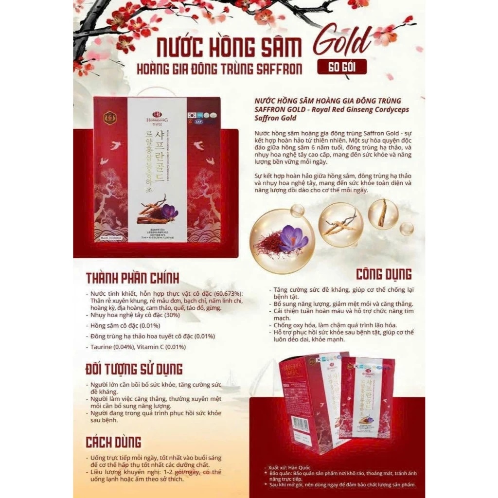 Nước Hồng Sâm Saffron Đông Trùng Hạ Thảo 60 gói x 70ml